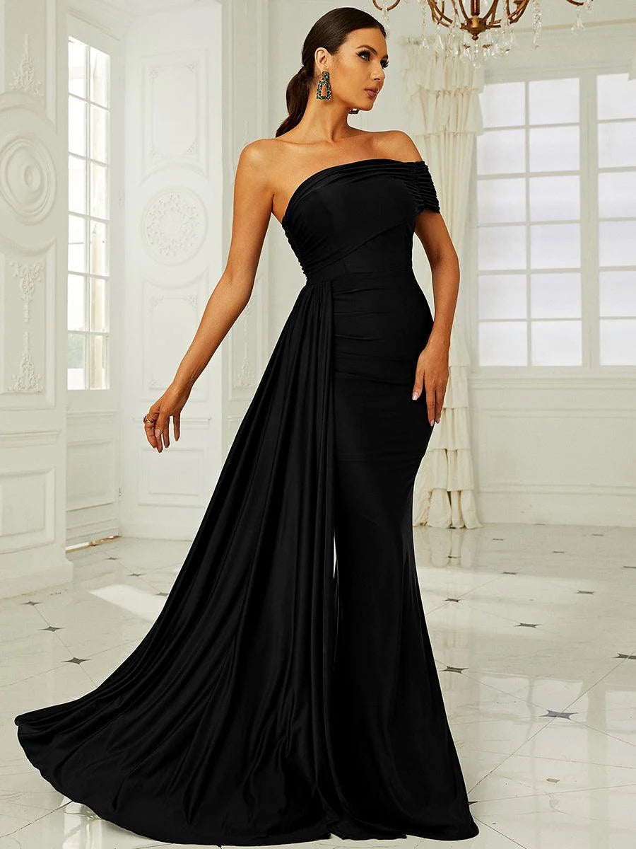 Women’s Dark Green Elegant One-Shoulder Sleeveless Tailored Maxi Dress
