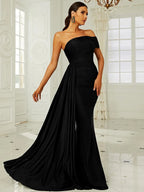 Women’s Dark Green Elegant One-Shoulder Sleeveless Tailored Maxi Dress