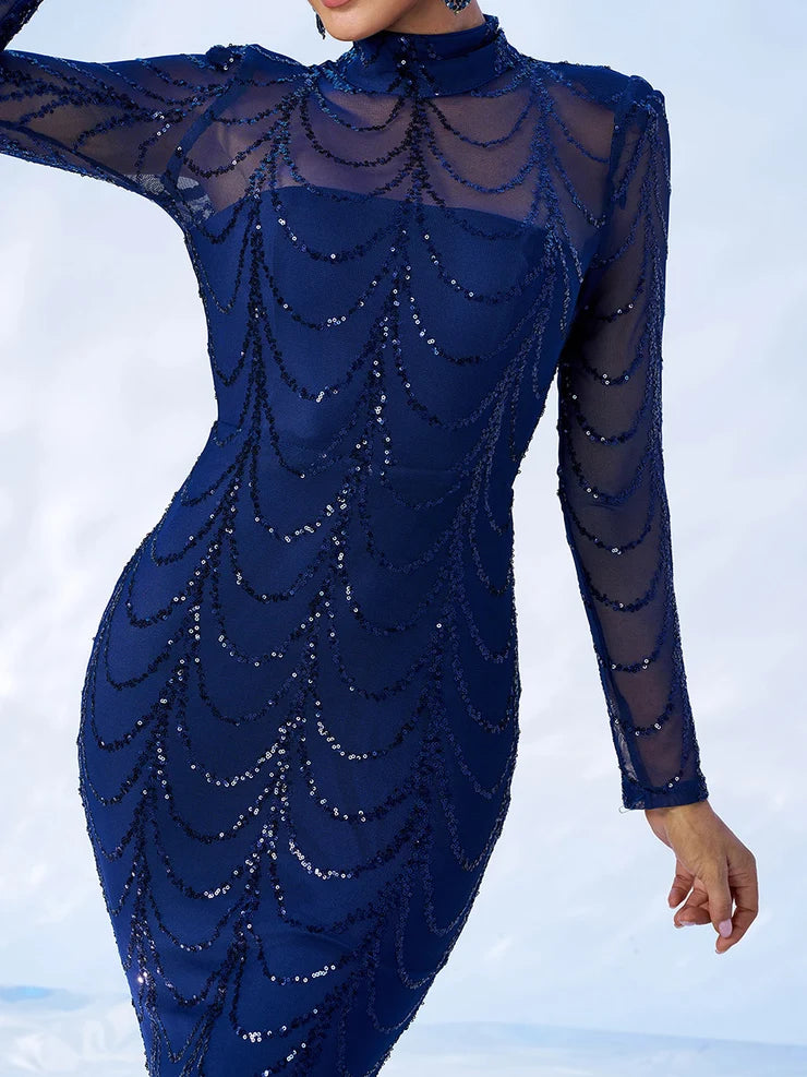 Women’s Black Luxury Sequin Mesh High Neck Long Sleeve Mermaid Maxi Dress with Draped Crystal Pattern