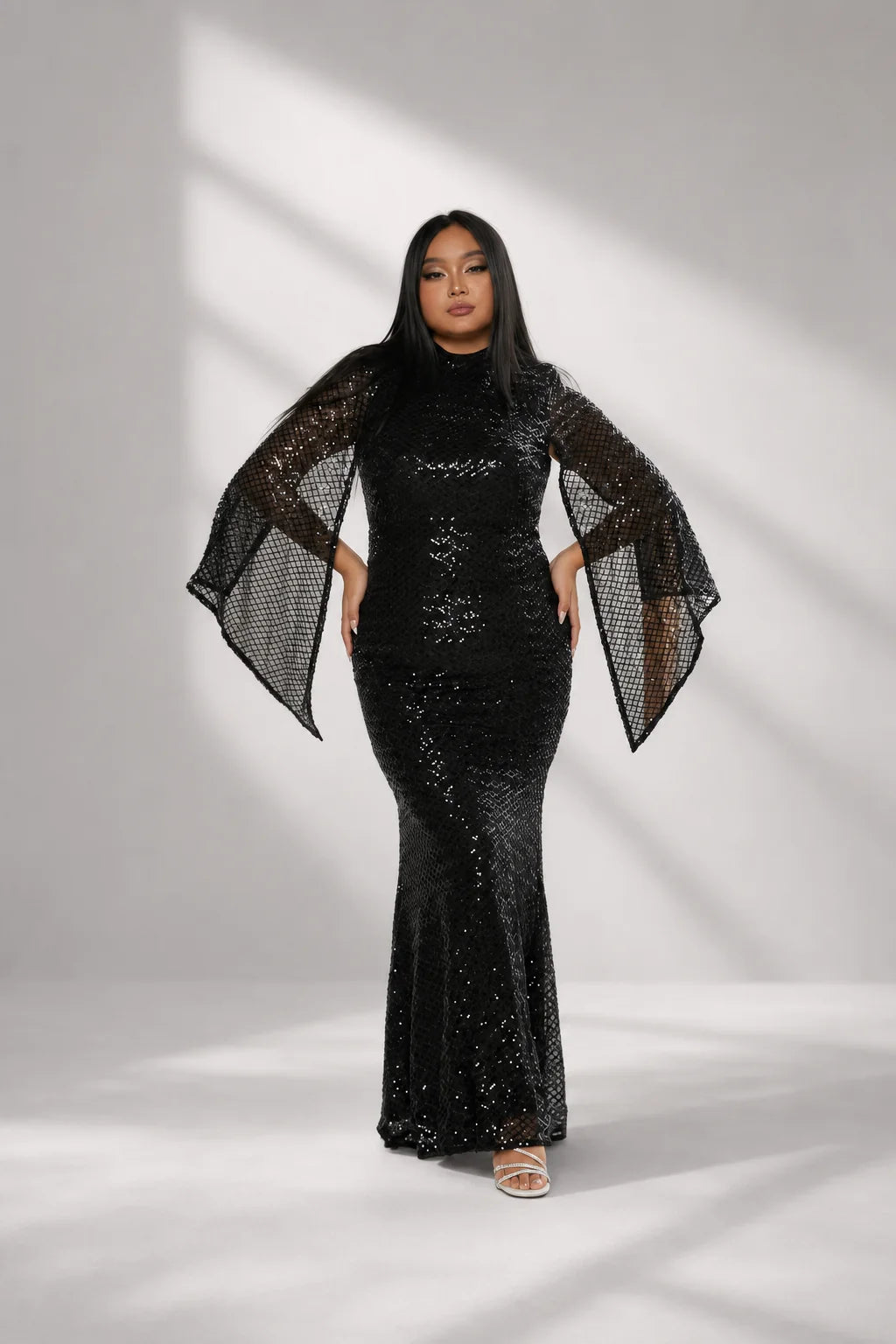 Women’s Apricot Glamorous Sequin Polyester Blend High Neck Bell Sleeve Regular Mermaid Maxi Prom Dress
