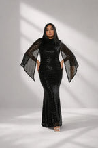 Women’s Apricot Glamorous Sequin Polyester Blend High Neck Bell Sleeve Regular Mermaid Maxi Prom Dress