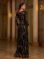 Women’s Black and Bronze Elegant Sequin Mesh Round Neck Long Sleeve Column Maxi Dress with Geometric Pattern
