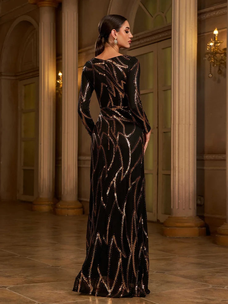 Women’s Black and Bronze Elegant Sequin Mesh Round Neck Long Sleeve Column Maxi Dress with Geometric Pattern