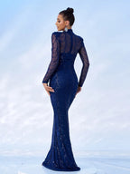 Women’s Black Luxury Sequin Mesh High Neck Long Sleeve Mermaid Maxi Dress with Draped Crystal Pattern