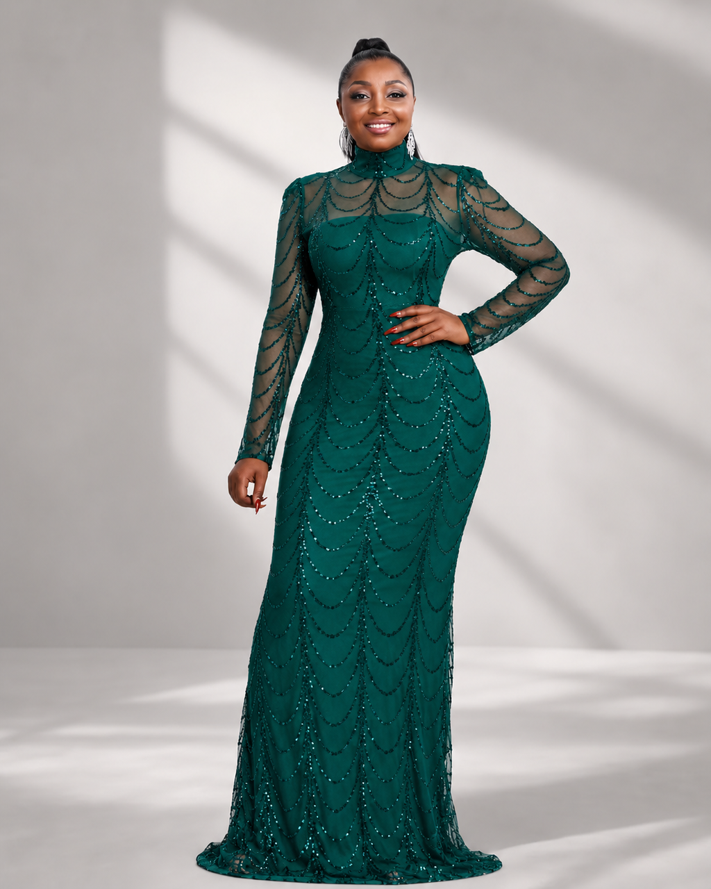 Women’s Black Elegant Sequin Mesh High-Neck Long-Sleeve Plus-Size Maxi Dress with Draped Design