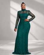 Women’s Black Elegant Sequin Mesh High-Neck Long-Sleeve Plus-Size Maxi Dress with Draped Design