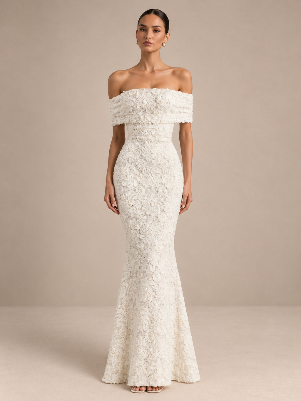 Women’s Ivory Elegant 3D Floral Lace Off-Shoulder Short Sleeve Mermaid Maxi Wedding Dress