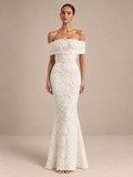 Women’s Ivory Elegant 3D Floral Lace Off-Shoulder Short Sleeve Mermaid Maxi Wedding Dress