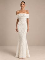 Women’s Ivory Elegant 3D Floral Lace Off-Shoulder Short Sleeve Mermaid Maxi Wedding Dress