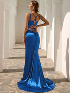 Women’s Red Elegant Satin V-Neck Spaghetti Strap Mermaid Maxi Dress with Ruched Waist