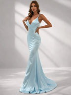 Women’s Red Elegant Satin V-Neck Spaghetti Strap Mermaid Maxi Dress with Ruched Waist