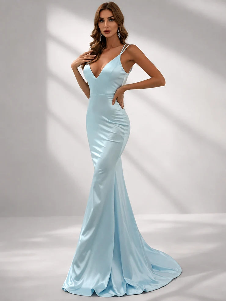 Women’s Red Elegant Satin V-Neck Spaghetti Strap Mermaid Maxi Dress with Ruched Waist
