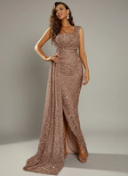 Women’s Wine Glamorous Sequin One-Shoulder Sleeveless Regular Maxi Dress with Draped Detail and Side Slit