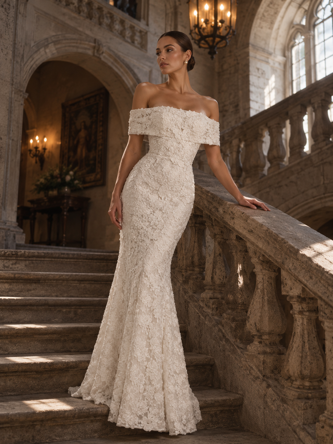 Women’s Ivory Elegant 3D Floral Lace Off-Shoulder Short Sleeve Mermaid Maxi Wedding Dress