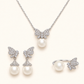 Women’s Elegant Butterfly Pearl Cubic Zirconia Necklace, Earrings and Ring Set