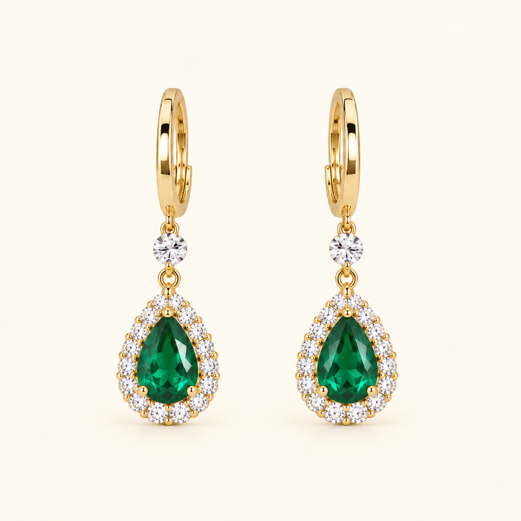 Women’s Gold-Tone Emerald Green Teardrop Rhinestone Halo Drop Earrings