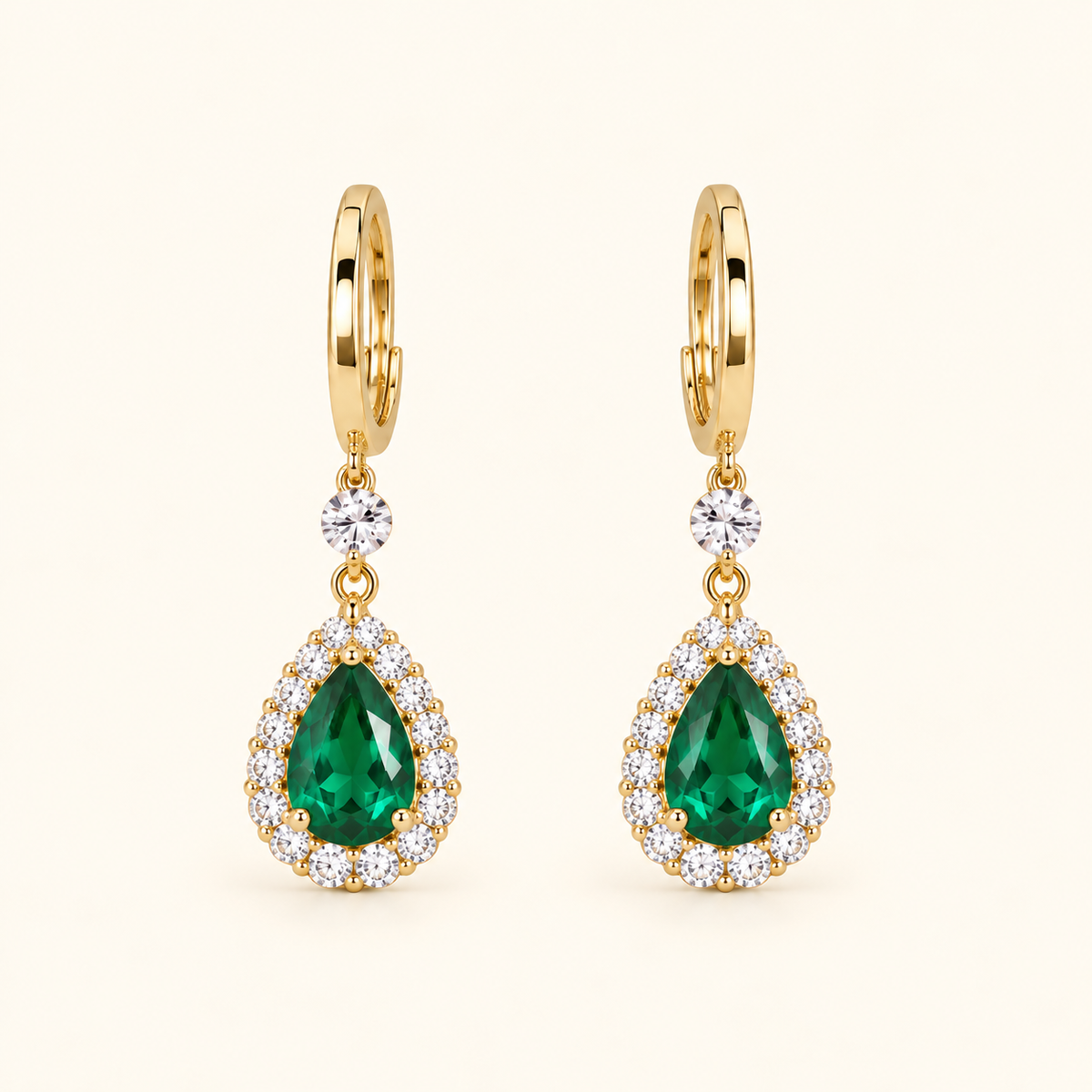 Women’s Gold-Tone Emerald Green Teardrop Rhinestone Halo Drop Earrings