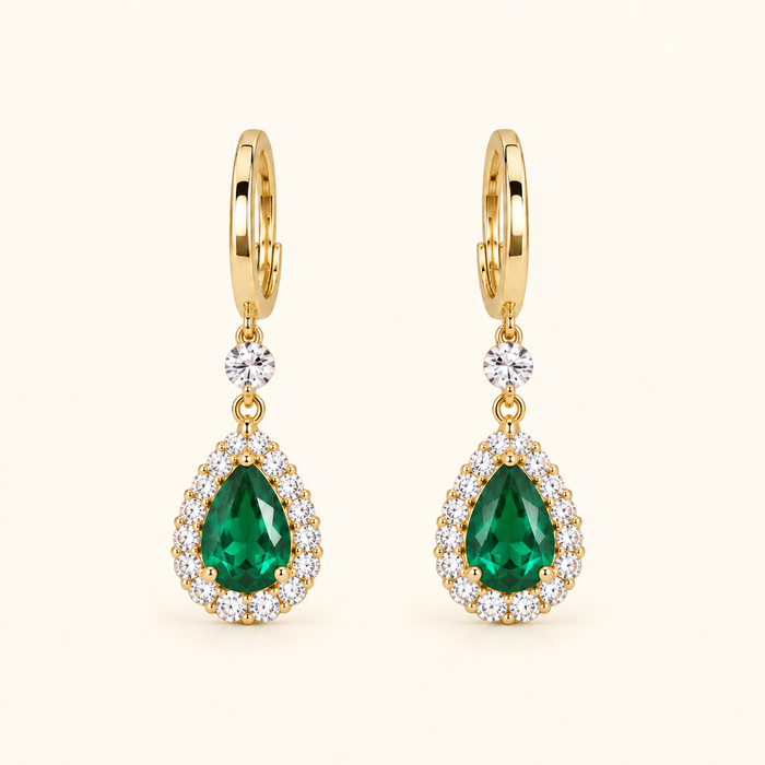 Women’s Gold-Tone Emerald Green Teardrop Rhinestone Halo Drop Earrings