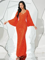 Women’s Rose Gold Evening Sequin V-Neck Mermaid Maxi Dress with Bell Sleeves