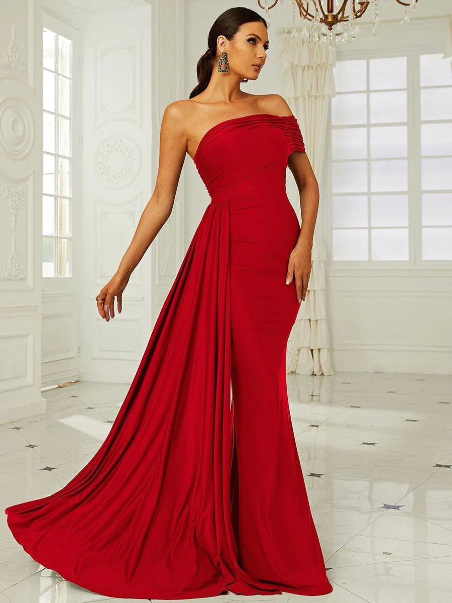 Women’s Dark Green Elegant One-Shoulder Sleeveless Tailored Maxi Dress