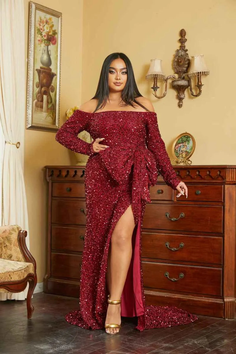 Plus Size Off The Shoulder Bow Knot Split Maxi Evening Dress