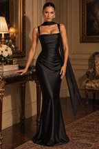 Women's Elegant Satin Square Neck Spaghetti Strap Ruched Corset Sheath Maxi Evening Dress with Lace-Up Back