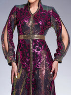 Women’s Multicolor Elegant Sequin Mesh Stand Collar Split Long Sleeve A-Line Maxi Dress with Contrast Trim