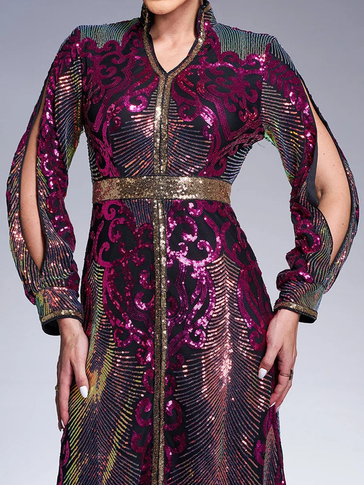 Women’s Multicolor Elegant Sequin Mesh Stand Collar Split Long Sleeve A-Line Maxi Dress with Contrast Trim