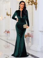 Women’s Dark Green Elegant Velvet V-Neck Long Sleeve Mermaid Maxi Dress with Sheer Mesh Detail