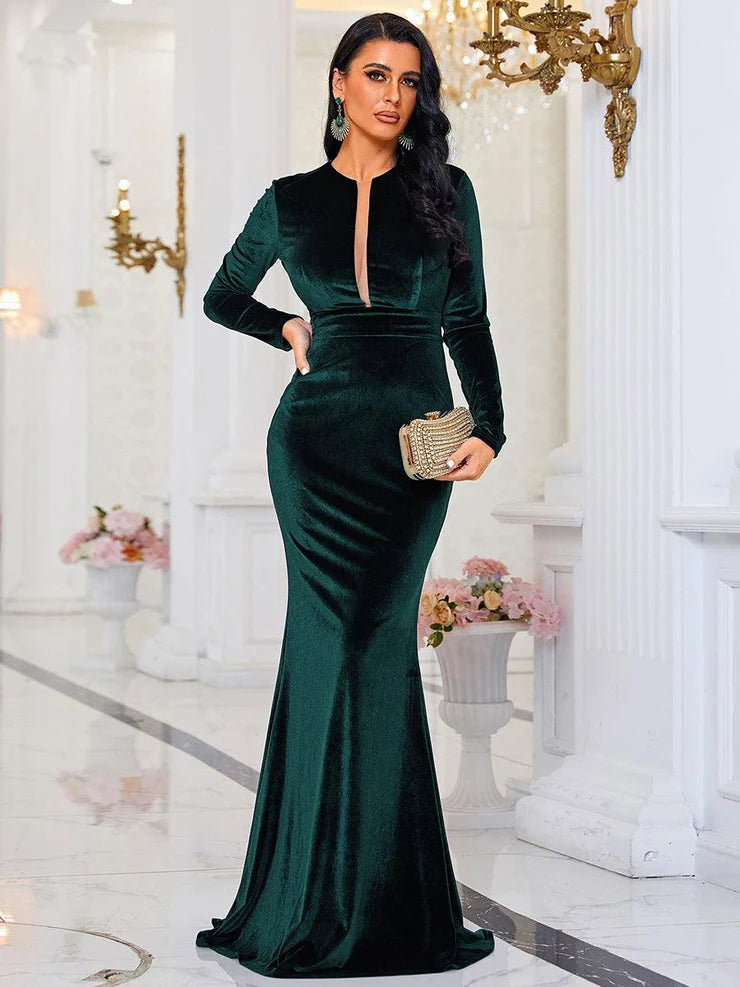 Women’s Dark Green Elegant Velvet V-Neck Long Sleeve Mermaid Maxi Dress with Sheer Mesh Detail