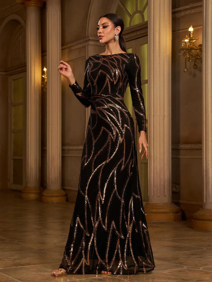Women’s Black and Bronze Elegant Sequin Mesh Round Neck Long Sleeve Column Maxi Dress with Geometric Pattern