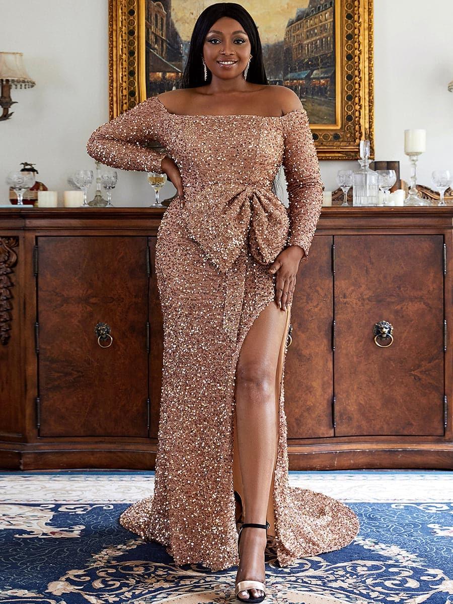 Plus Size Off The Shoulder Bow Knot Split Maxi Evening Dress