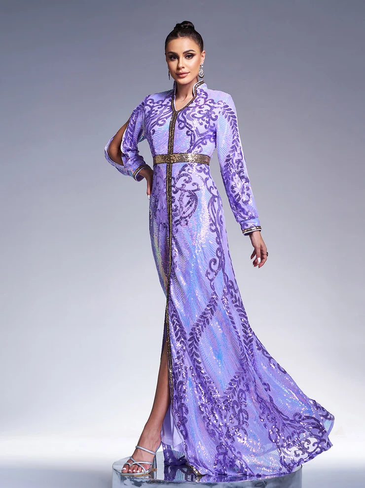 Women’s Multicolor Elegant Sequin Mesh Stand Collar Split Long Sleeve A-Line Maxi Dress with Contrast Trim