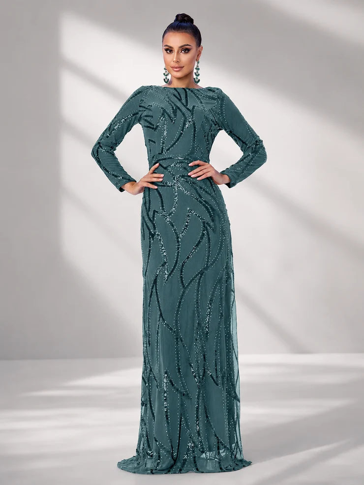 Women’s Black and Bronze Elegant Sequin Mesh Round Neck Long Sleeve Column Maxi Dress with Geometric Pattern