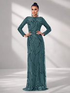 Women’s Black and Bronze Elegant Sequin Mesh Round Neck Long Sleeve Column Maxi Dress with Geometric Pattern