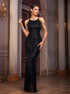 Women’s Black Glamorous Sequin Halter Neck Sleeveless Mermaid Maxi Dress with Fringe Detail