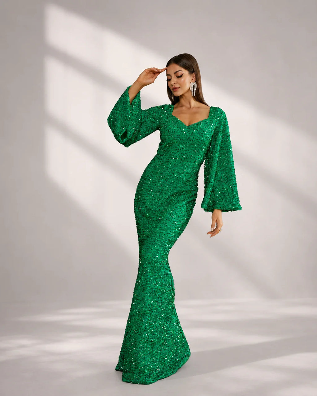 Women’s Rose Gold Evening Sequin V-Neck Mermaid Maxi Dress with Bell Sleeves