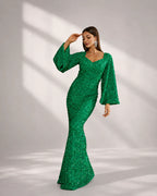 Women’s Rose Gold Evening Sequin V-Neck Mermaid Maxi Dress with Bell Sleeves