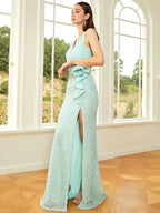 Women’s Black Elegant Sequin V-Neck Sleeveless High Slit Maxi Dress with Waist Bow Detail