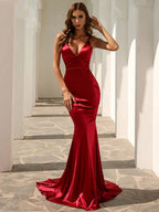 Women’s Red Elegant Satin V-Neck Spaghetti Strap Mermaid Maxi Dress with Ruched Waist