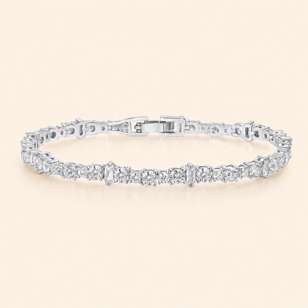 Women’s Silver Tone Alternating Baguette & Round Stone Tennis Bracelet