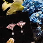 Women’s Pink Mother-of-Pearl Fan Cubic Zirconia Tassel Necklace, Stud Earrings and Adjustable Ring Jewelry Set