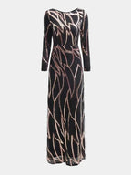 Women’s Black and Bronze Elegant Sequin Mesh Round Neck Long Sleeve Column Maxi Dress with Geometric Pattern
