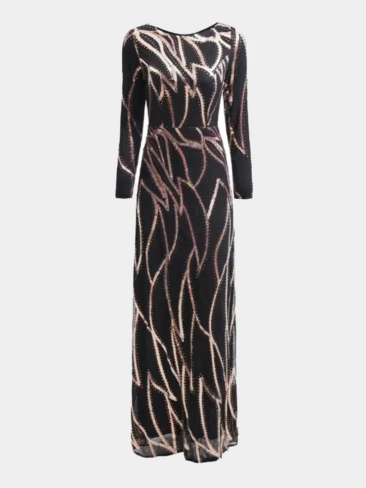 Women’s Black and Bronze Elegant Sequin Mesh Round Neck Long Sleeve Column Maxi Dress with Geometric Pattern