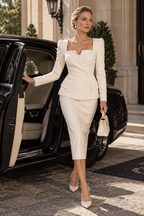 Women's Elegant Square Neck Long Sleeve Tailored Blazer and Midi Pencil Skirt Two-Piece Suit Set