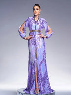 Women’s Multicolor Elegant Sequin Mesh Stand Collar Split Long Sleeve A-Line Maxi Dress with Contrast Trim