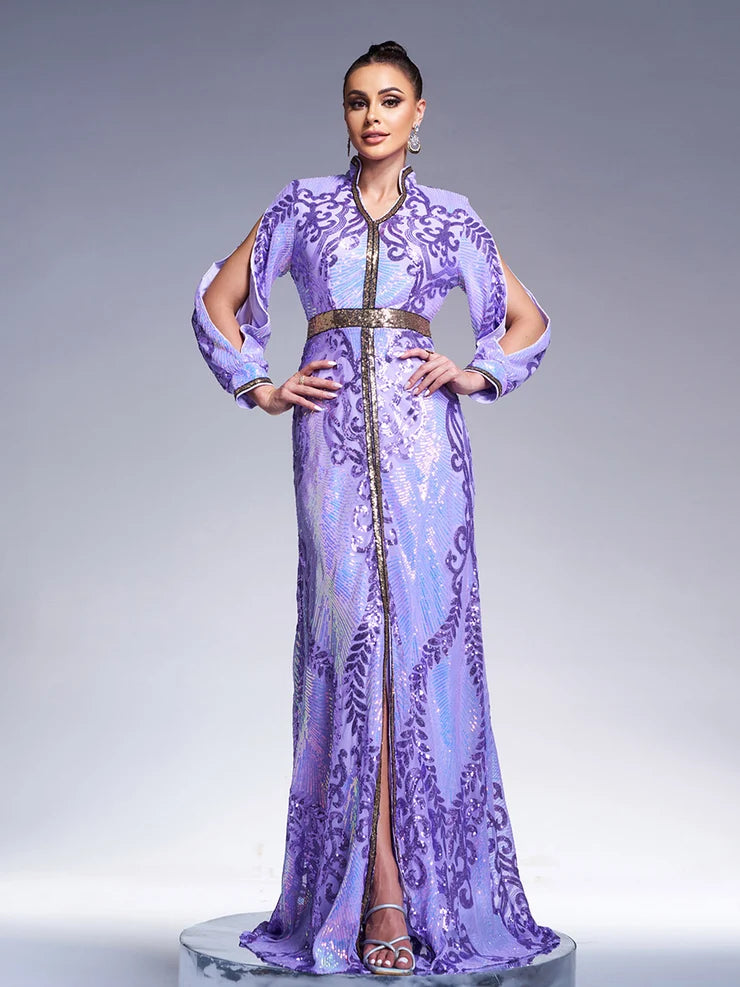Women’s Multicolor Elegant Sequin Mesh Stand Collar Split Long Sleeve A-Line Maxi Dress with Contrast Trim