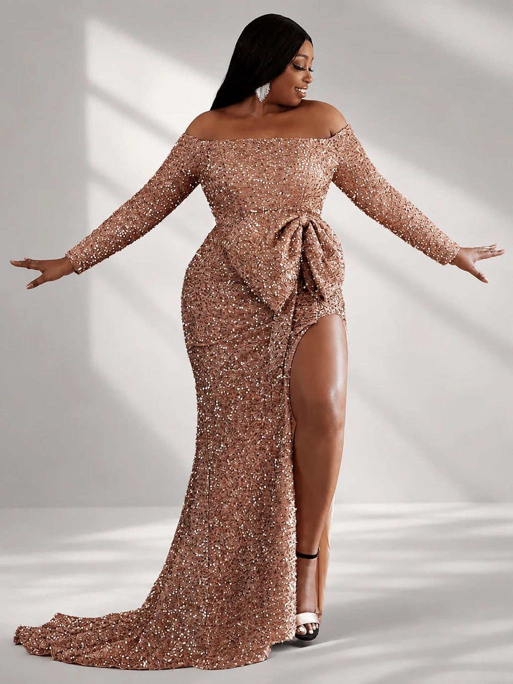 Plus Size Off The Shoulder Bow Knot Split Maxi Evening Dress