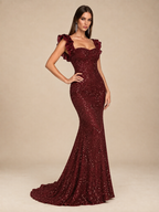 Women’s Burgundy Elegant Sequin Square Neck Cap Sleeve Mermaid Maxi Dress with Ruffle Detail