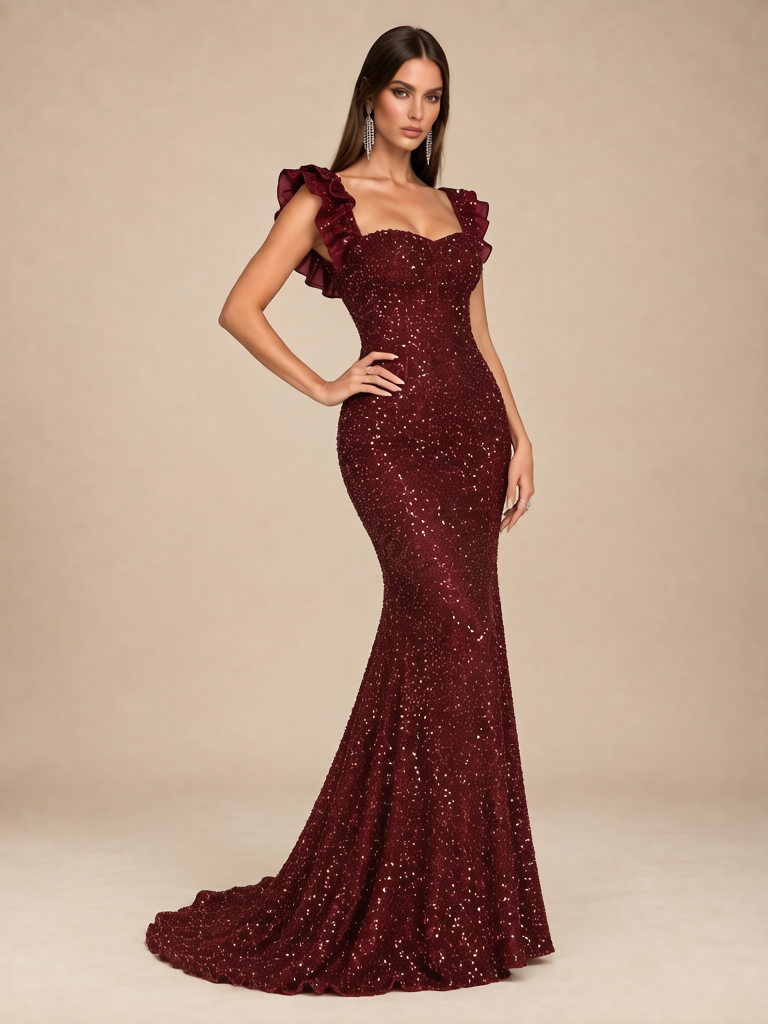Women’s Burgundy Elegant Sequin Square Neck Cap Sleeve Mermaid Maxi Dress with Ruffle Detail